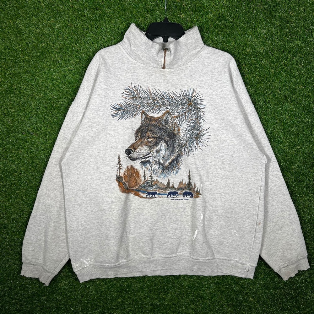 Vintage AU Sportswear 1994 Wolf Graphic Quarter Zip Sweatshirt‎ Mens XL Gray USA - Picture 3 of 13